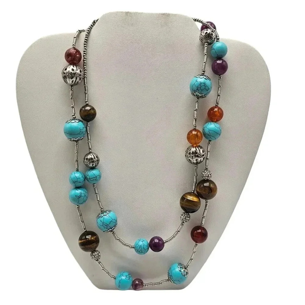 Rj Graziano Blue Turquoise Agate Ball Beads Double Strand Necklace Vintage